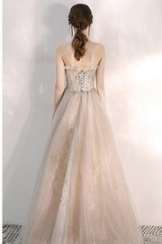 Champagne Strapless Tulle Long Prom Dress