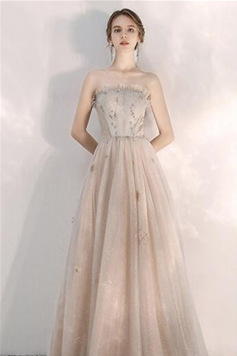 Champagne Strapless Tulle Long Prom Dress