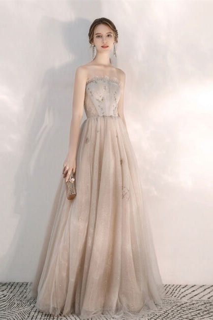 Champagne Strapless Tulle Long Prom Dress