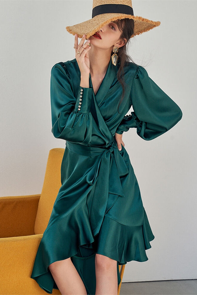 Chic Green Wrap Dress with Long Sleeves Green / US 16