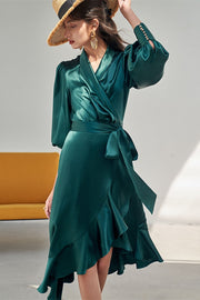 Chic Green Wrap Dress with Long Sleeves