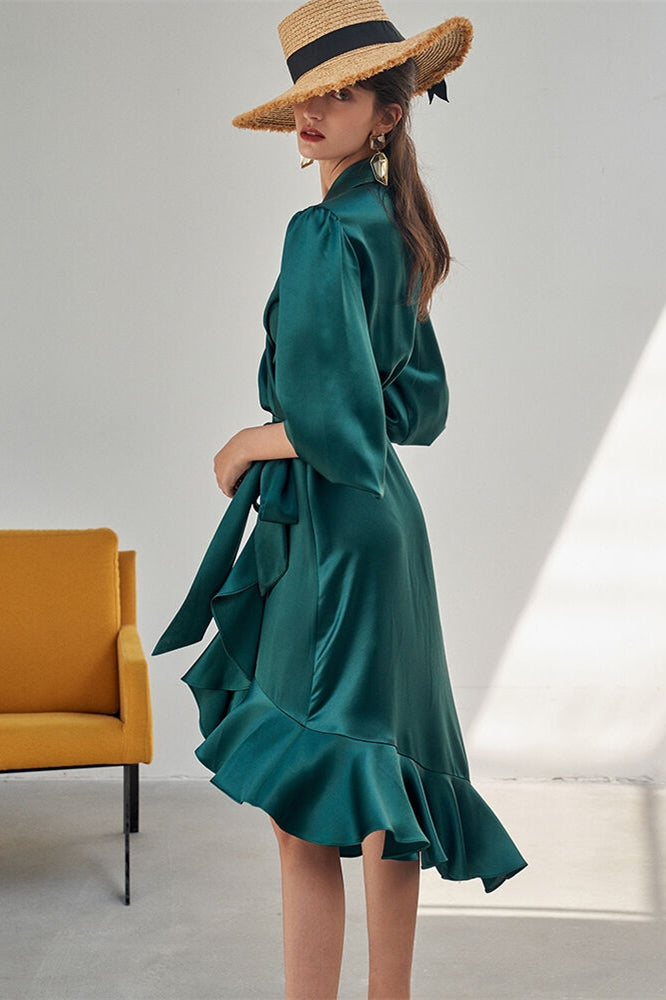 long wrap dresses with sleeves Chic Green Wrap Dress with Long Sleeves Green / US 16