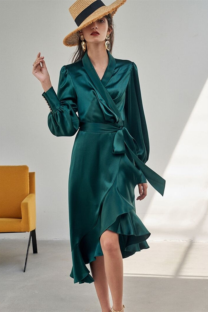 Chic Green Wrap Dress with Long Sleeves Green / US 16