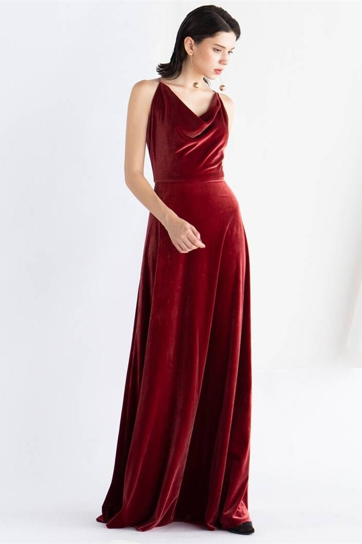 Cowl Neck Burgundy Velvet Long Dress