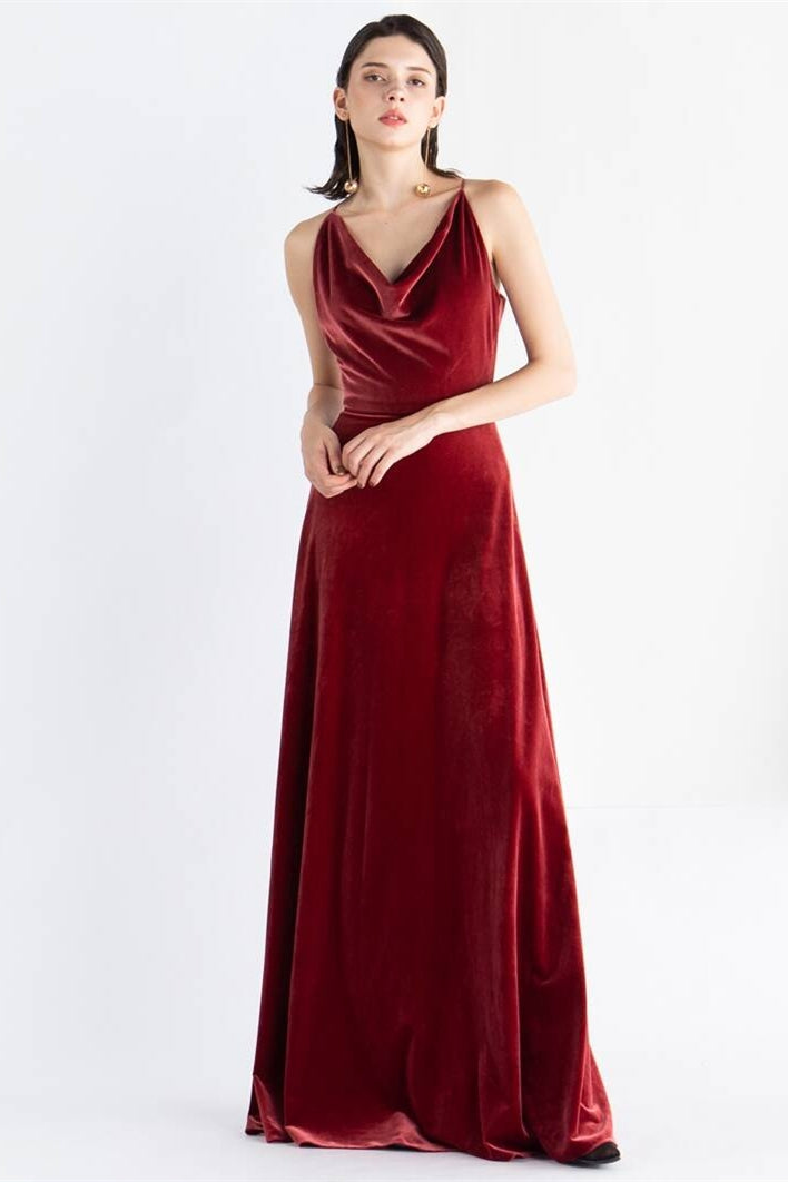 Cowl Neck Burgundy Velvet Long Dress Burgundy / US 12