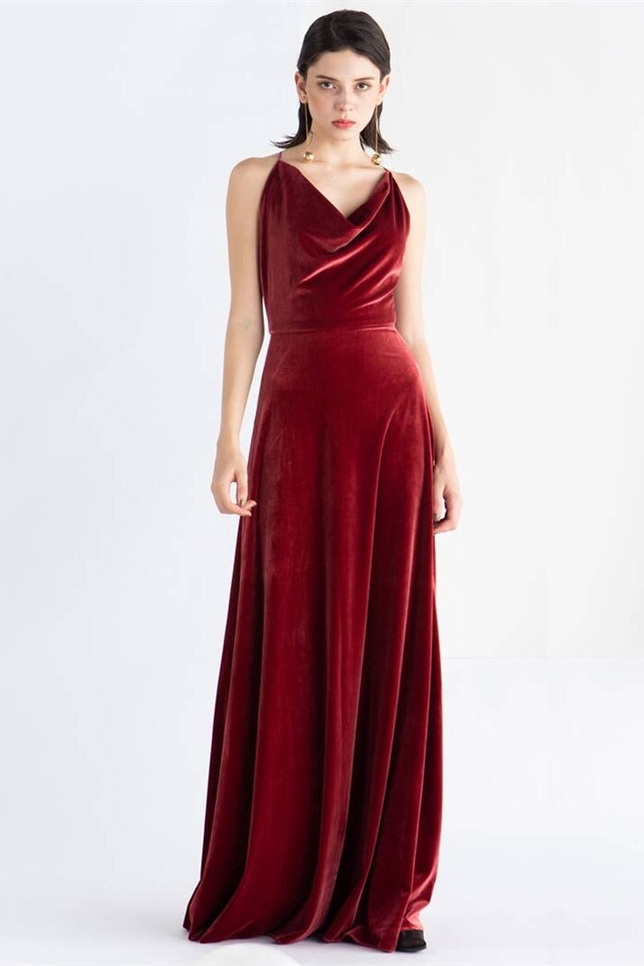 Cowl Neck Burgundy Velvet Long Dress Burgundy / US 12 Cowl Neck Burgundy Velvet Long Dress Burgundy / US 12