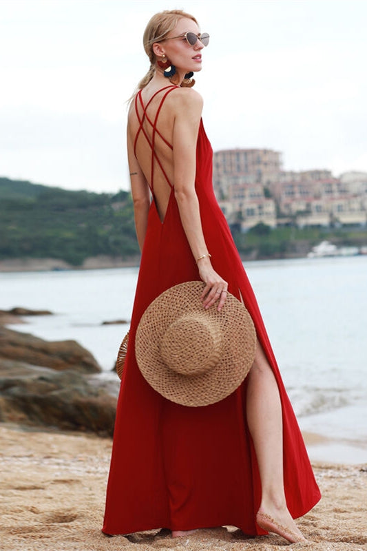 Cross Back Red Chiffon Maxi Dress