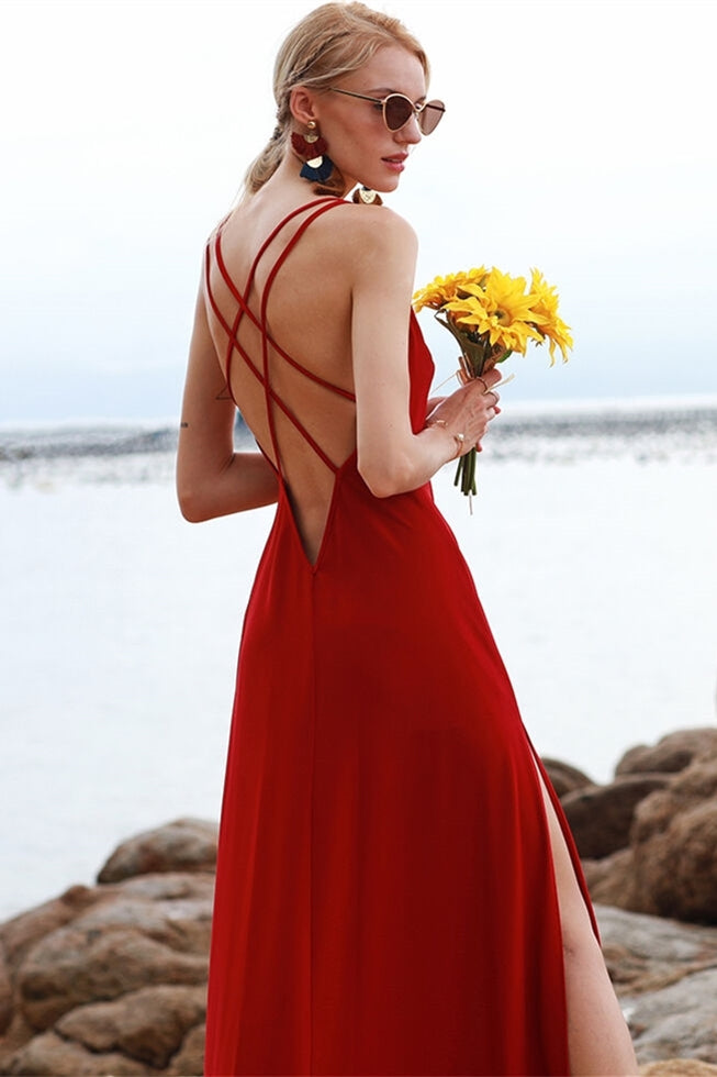 Cross Back Red Chiffon Maxi Dress Red / Custom Size Cross Back Red Chiffon Maxi Dress Red / Custom Size