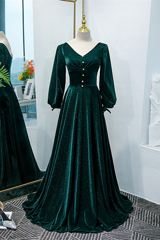 Dark Green V Neck Long Sleeves Velvet Long Formal Dress with Pearl Button