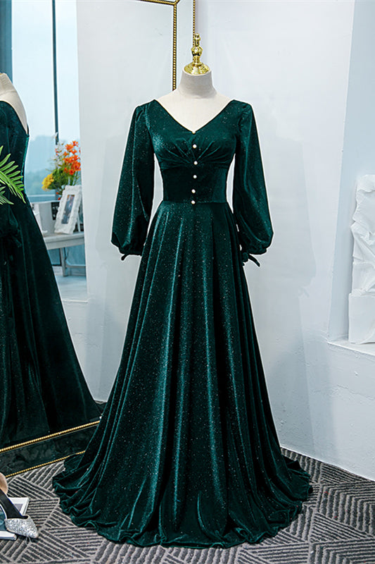 Velvet Green Long Sleeve Formal Dress V-Neck Long Sleeves A-Line Velvet Party Prom Dress Velvet Green Long Sleeve Formal Dress V-Neck Long Sleeves A-Line Velvet Party Prom Dress