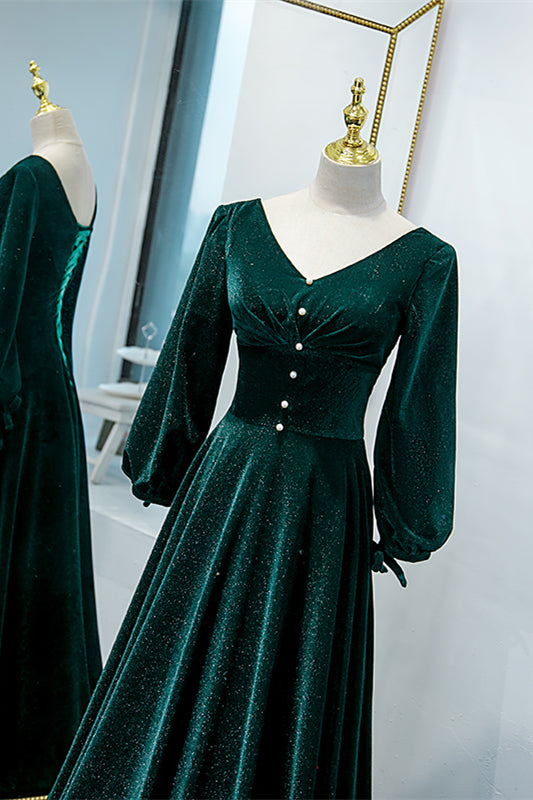 Dark Green V Neck Long Sleeves Velvet Long Formal Dress with Pearl Button