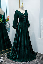 Dark Green V Neck Long Sleeves Velvet Long Formal Dress with Pearl Button