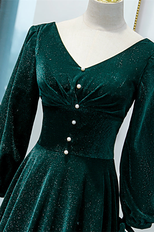 Dark Green V Neck Long Sleeves Velvet Long Formal Dress with Pearl Button