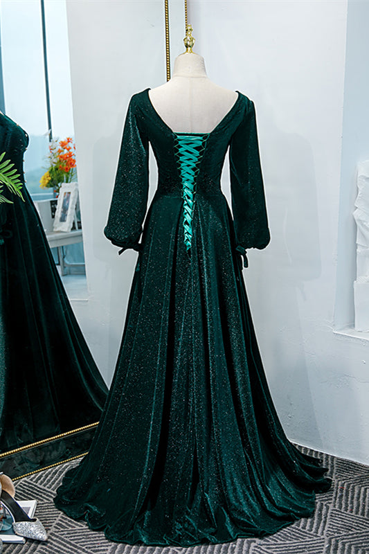 Dark Green V Neck Long Sleeves Velvet Long Formal Dress with Pearl Button