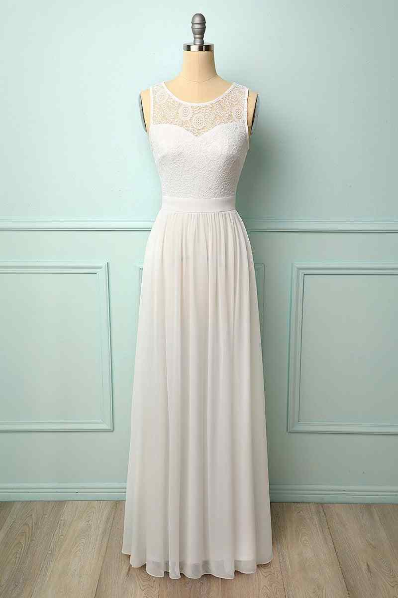 Ivory A-line Illusion Lace Neck Chiffon Long Bridesmaid Dress