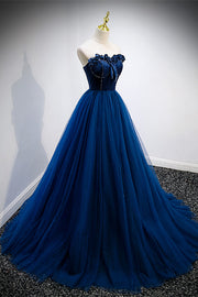 Dark Blue Strapless Ruffle Tulle Lace-Up Back Beaded Long Formal Dress