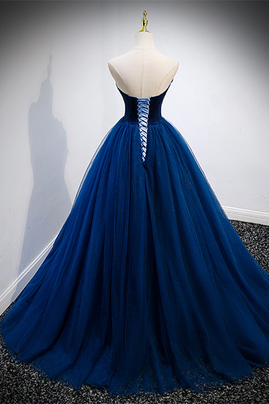 Dark Blue Strapless Ruffle Tulle Lace-Up Back Beaded Long Formal Dress