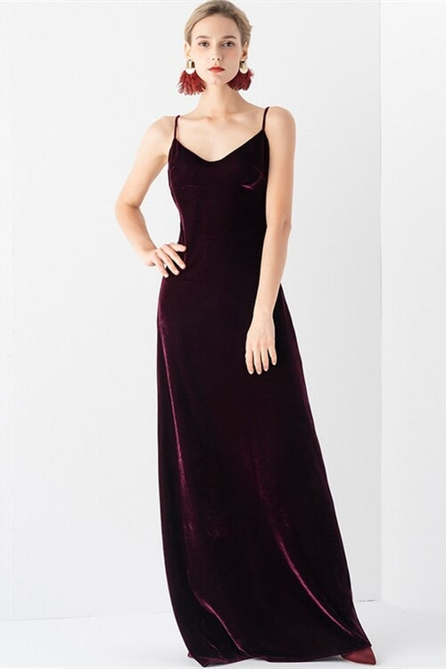 Dark Burgundy Velvet V-Neck Sleeveless Open Back Prom Dress Dark Burgundy / US 14