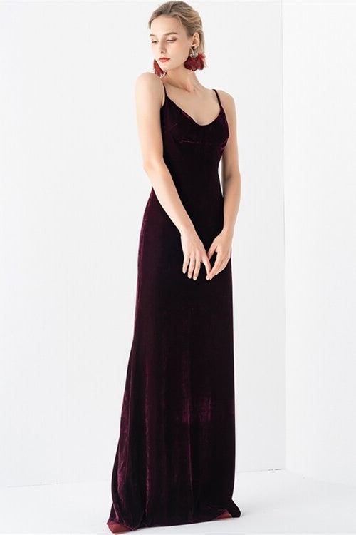Dark Burgundy Velvet V-Neck Sleeveless Open Back Prom Dress