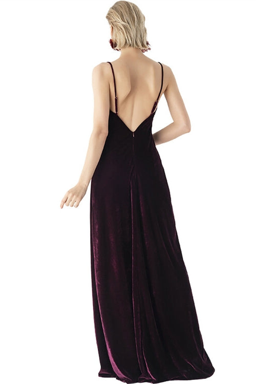 Dark Burgundy Velvet V-Neck Sleeveless Open Back Prom Dress | Joyofdress Dark Burgundy Velvet V-Neck Sleeveless Open Back Prom Dress | Joyofdress