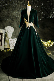 Dark Green V Neck Long Sleeves Lace-Up Velvet Long Formal Dress with Gold Adornment