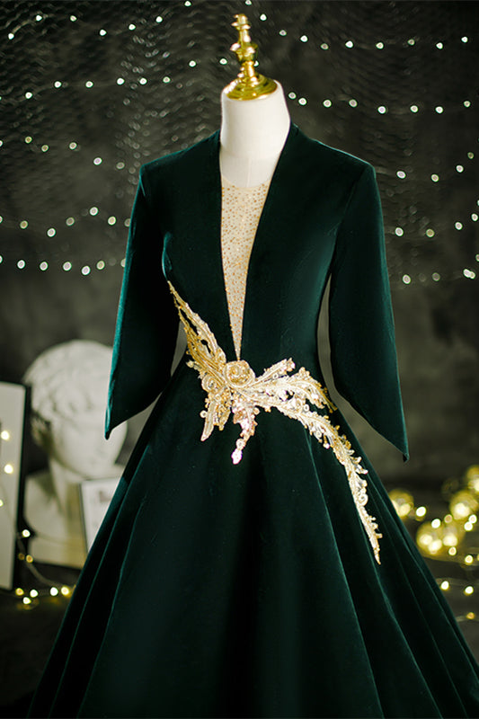 Dark Green V Neck Long Sleeves Lace-Up Velvet Long Formal Dress with Gold Adornment
