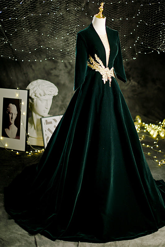 Dark Green V Neck Long Sleeves Lace-Up Velvet Long Formal Dress with Gold Adornment