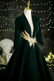 Dark Green V Neck Long Sleeves Lace-Up Velvet Long Formal Dress with Gold Adornment