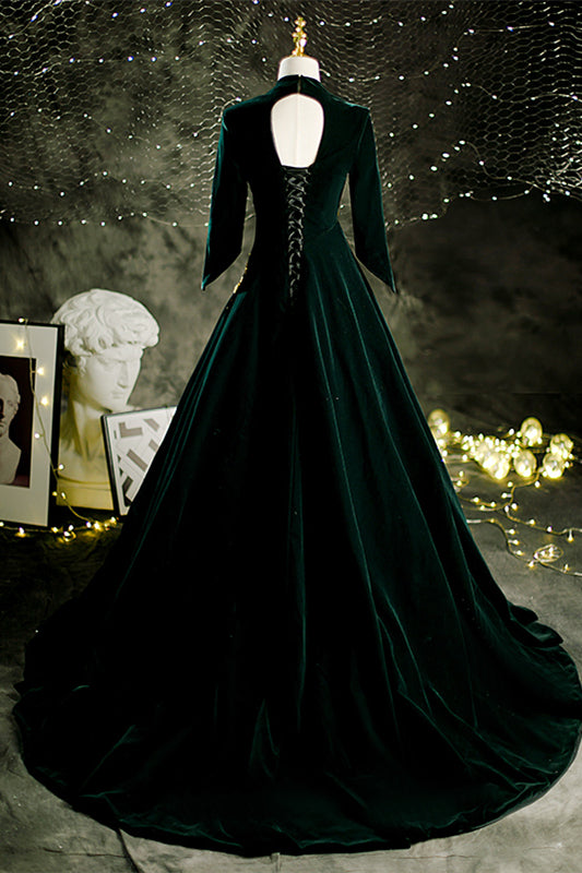 Dark Green V Neck Long Sleeves Lace-Up Velvet Long Formal Dress with Gold Adornment