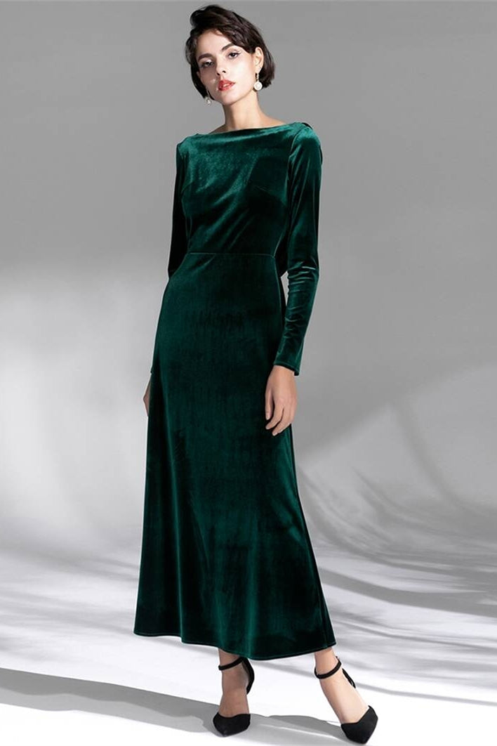 green emerald velvet dress Dark Green Velvet Dress with Long Sleeves Dark Green / US 16