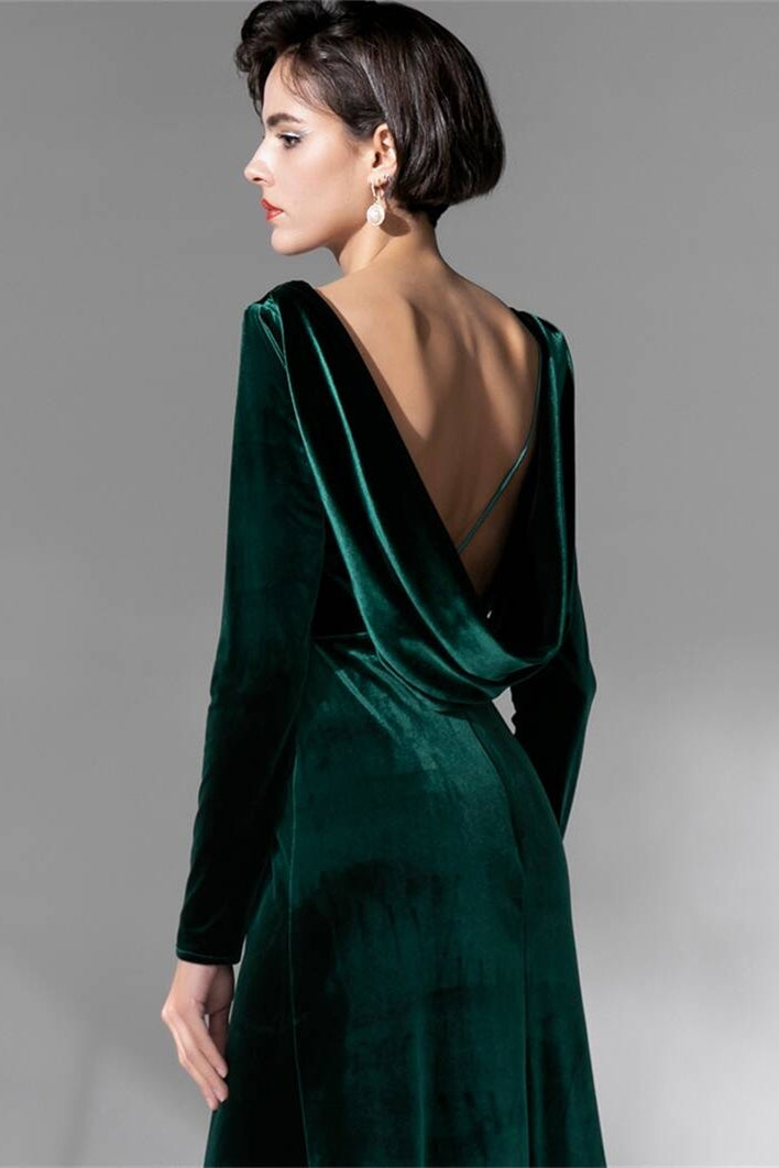 Dark Green Velvet Dress with Long Sleeves Dark Green / US 16