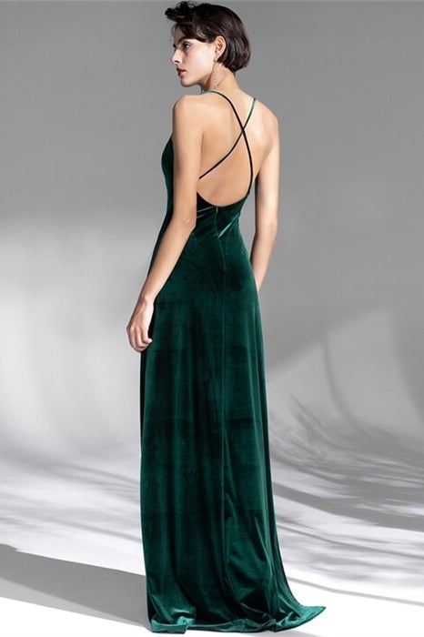 V-Neck Spaghetti Straps Velvet Backless Party Prom Dress Dark Green / US 14
