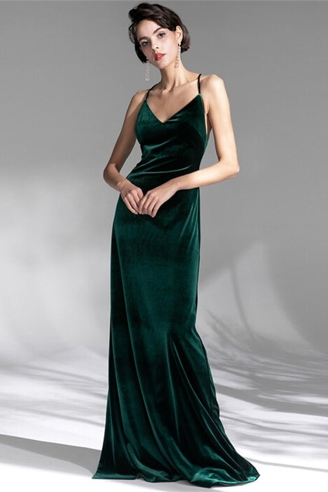 V-Neck Spaghetti Straps Velvet Backless Party Prom Dress