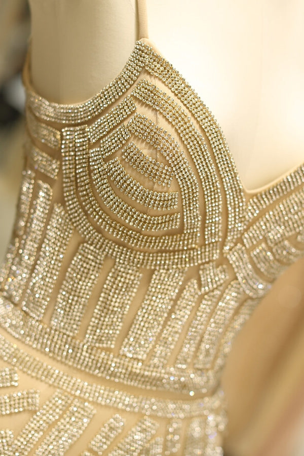 V-Neck Spaghetti Straps Beaded Empire Mermaid Party Prom Dress