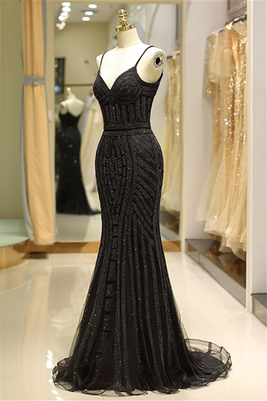 V-Neck Spaghetti Straps Beaded Empire Mermaid Party Prom Dress