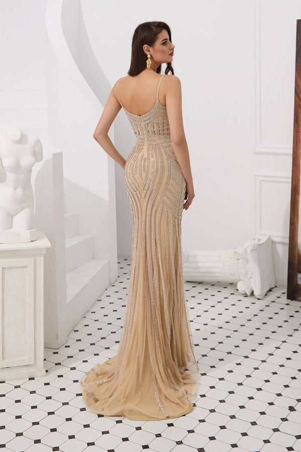 V-Neck Spaghetti Straps Beaded Empire Mermaid Party Prom Dress