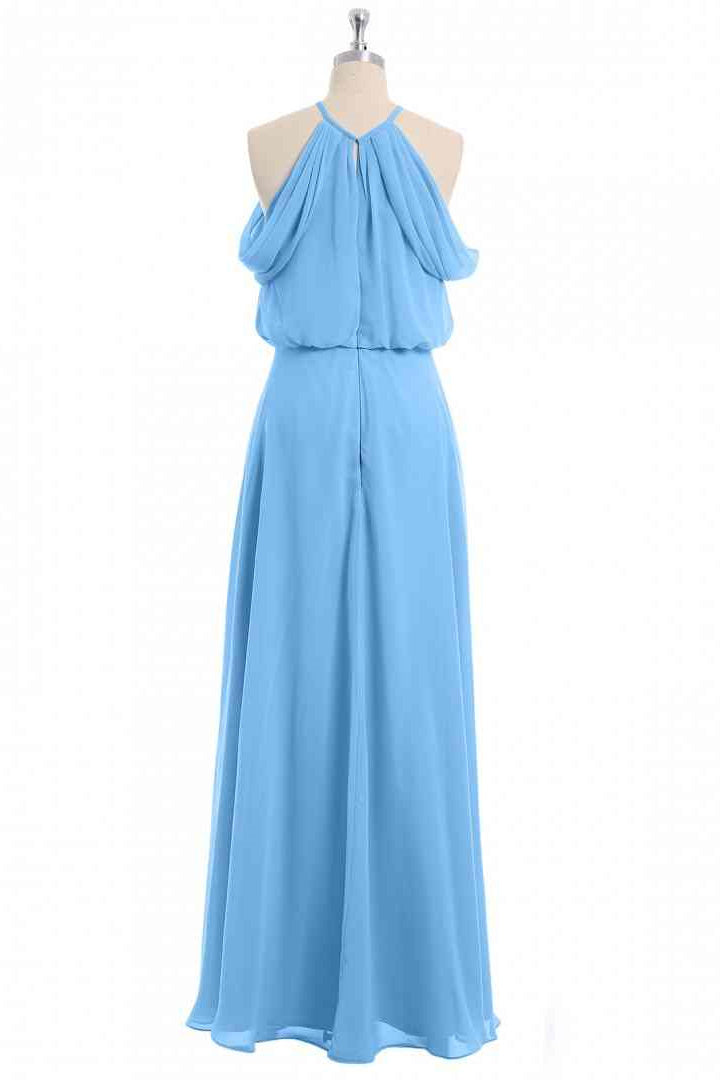 Blue A-line Halter Off-Shoulder Chiffon Long Bridesmaid Dress