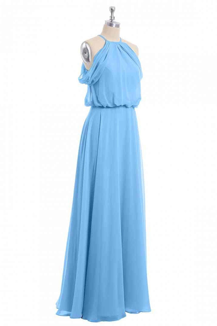 Blue A-line Halter Off-Shoulder Chiffon Long Bridesmaid Dress