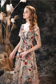 Floral Embroidered Dress with Short Sleeves