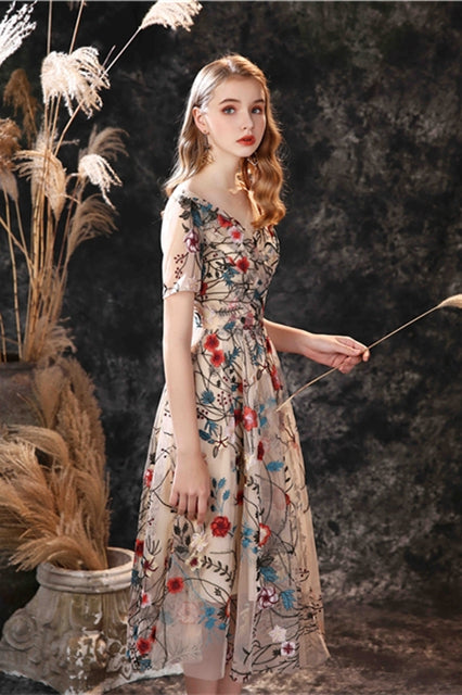 Floral Embroidered Dress with Short Sleeves