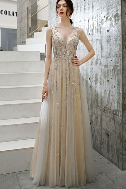 Flowers Champagne A-line Long Formal Dress