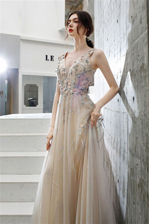 Flowers Champagne A-line Long Formal Dress