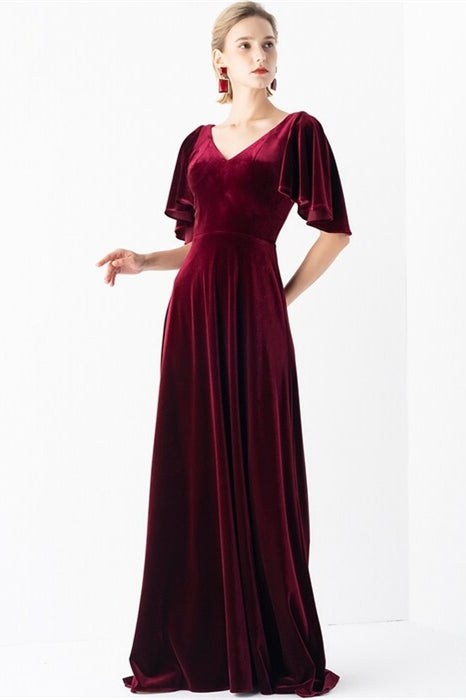 Flutter Sleeves Burgundy Velvet Dress