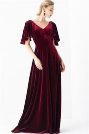 Flutter Sleeves Burgundy Velvet Dress
