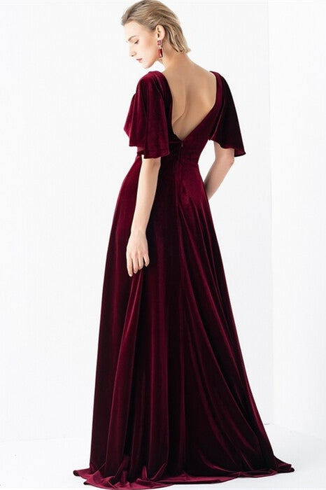 Flutter Sleeves Burgundy Velvet Dress