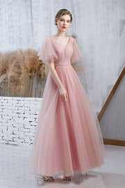 Flutter Sleeves Pink Long Party Dress