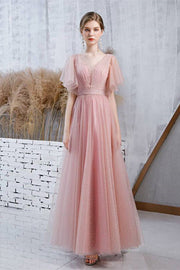 Flutter Sleeves Pink Long Party Dress