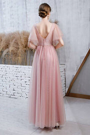 Flutter Sleeves Pink Long Party Dress
