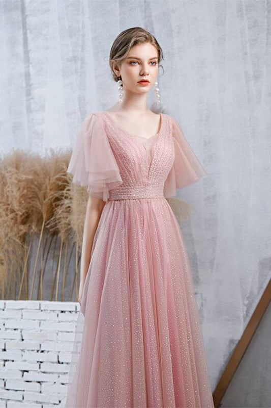 Flutter Sleeves Pink Long Party Dress
