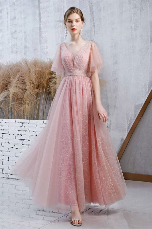 Flutter Sleeves Pink Long Party Dress